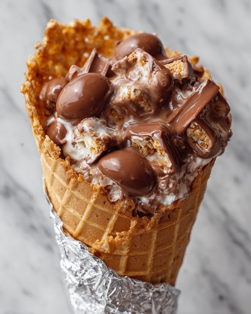 The image shows a close-up of a waffle cone filled with melted and partially melted chocolate candies. The cone is light golden brown with a crisp, textured surface. Inside, there are several round candy pieces with swirled light and dark brown chocolate, some showing a bit of melting and shine. There are also gooey, melted chocolate streaks and a bit of white marshmallow visible in between the candies. The cone is held by a woman's hand wrapped in silver foil at the bottom, and the background is softly blurred white marble texture. photo taken with an iphone --ar 4:5 --v 7