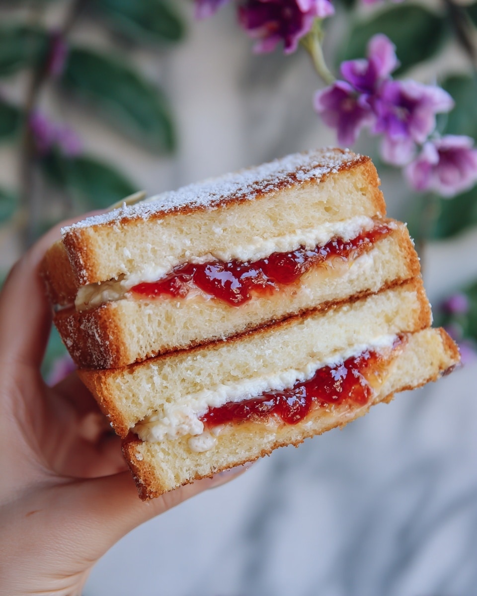 A close-up of a woman's hand holding a sandwich with three visible layers: the top and bottom layers are golden brown toasted bread with a light sprinkling of white powdered sugar, the middle layer shows a bright red, glossy fruit jam and a white creamy filling mixed with the jam. The sandwich has a soft, slightly thick texture with a toasted crust. In the background, there are green leaves and purple flowers on a white marbled texture. photo taken with an iphone --ar 4:5 --v 7