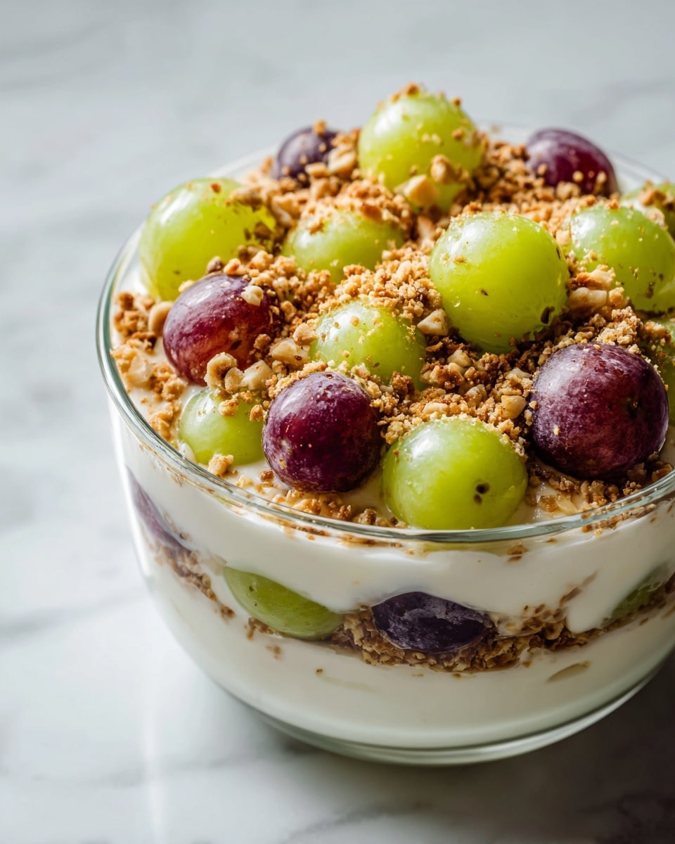A clear glass bowl is filled with a creamy mixture layered with green and purple grapes. The grapes are well coated in a thick, white creamy layer that looks smooth and soft. On top, there is a sprinkling of light brown crushed nuts and crumbs, creating a textured, crunchy contrast against the creamy layer. The grapes and cream fill the bowl nearly to the top, with the nut topping spread unevenly over the surface. The bowl sits on a white marbled texture. photo taken with an iphone --ar 4:5 --v 7