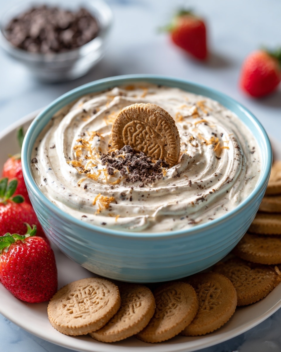 A light blue bowl filled with a creamy, white mixture dotted with small dark chocolate chips, swirled gently to show texture, with a sprinkle of bright orange zest on top. A small, golden-brown waffle piece is placed upright in the center of the bowl. The bowl sits on a white plate surrounded by halved fresh red strawberries and several round golden waffles, all resting on a white marbled surface. A clear glass bowl of chocolate chips is placed near the top left corner. photo taken with an iphone --ar 4:5 --v 7
