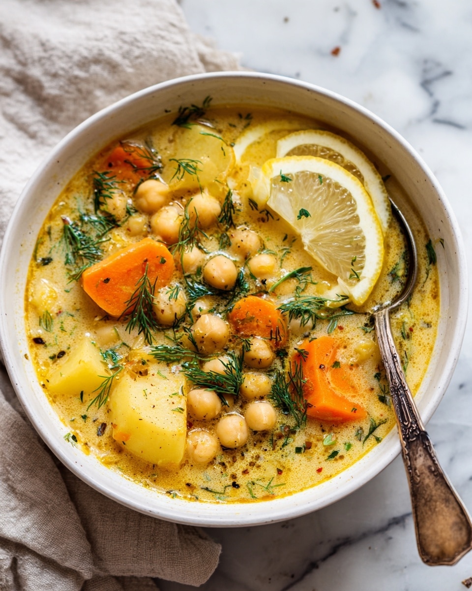 A creamy soup served in a white bowl, filled with soft yellow broth layered with chunks of bright orange carrot slices, pale yellow potato pieces, and round light brown chickpeas. The soup is topped with fresh green dill and parsley, and garnished with two thin lemon wedges resting on one side. The bowl sits on a white marbled surface, with a silver spoon next to it and a lemon partly visible in the background. Photo taken with an iphone --ar 4:5 --v 7