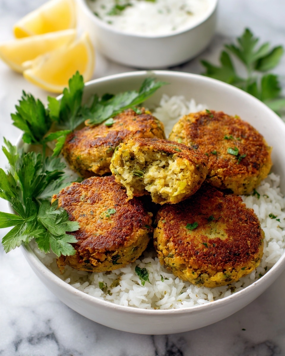 A white bowl filled with fluffy white rice as the base layer, topped with four golden-brown, round falafel patties with a crunchy texture, one of which is broken open to show a soft, green and yellow inside made of herbs and chickpeas; fresh green parsley leaves are placed as garnish on the rice and beside the falafel, all set on a white marbled surface with a blurred background including a white bowl of sauce and lemon wedges. Photo taken with an iphone --ar 4:5 --v 7