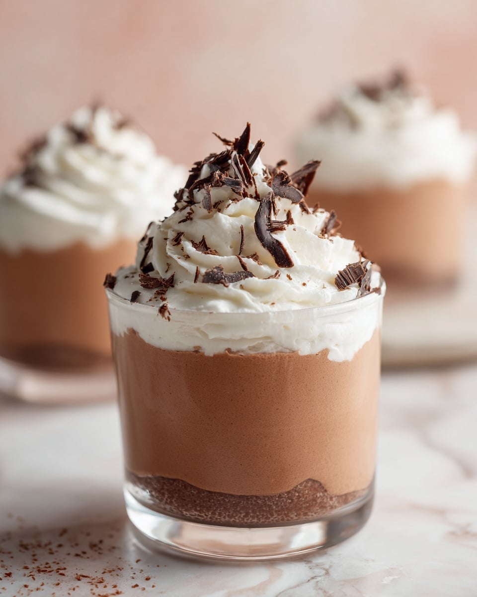 The image shows a clear glass filled halfway with smooth, creamy brown chocolate mousse. On top of the mousse is a generous swirl of white whipped cream, decorated with thin, dark chocolate shavings that add texture and contrast. In the background, two identical glasses with the same layers are softly blurred, all placed on a white marbled surface with a soft, light background, creating a clean and simple look. photo taken with an iphone --ar 4:5 --v 7