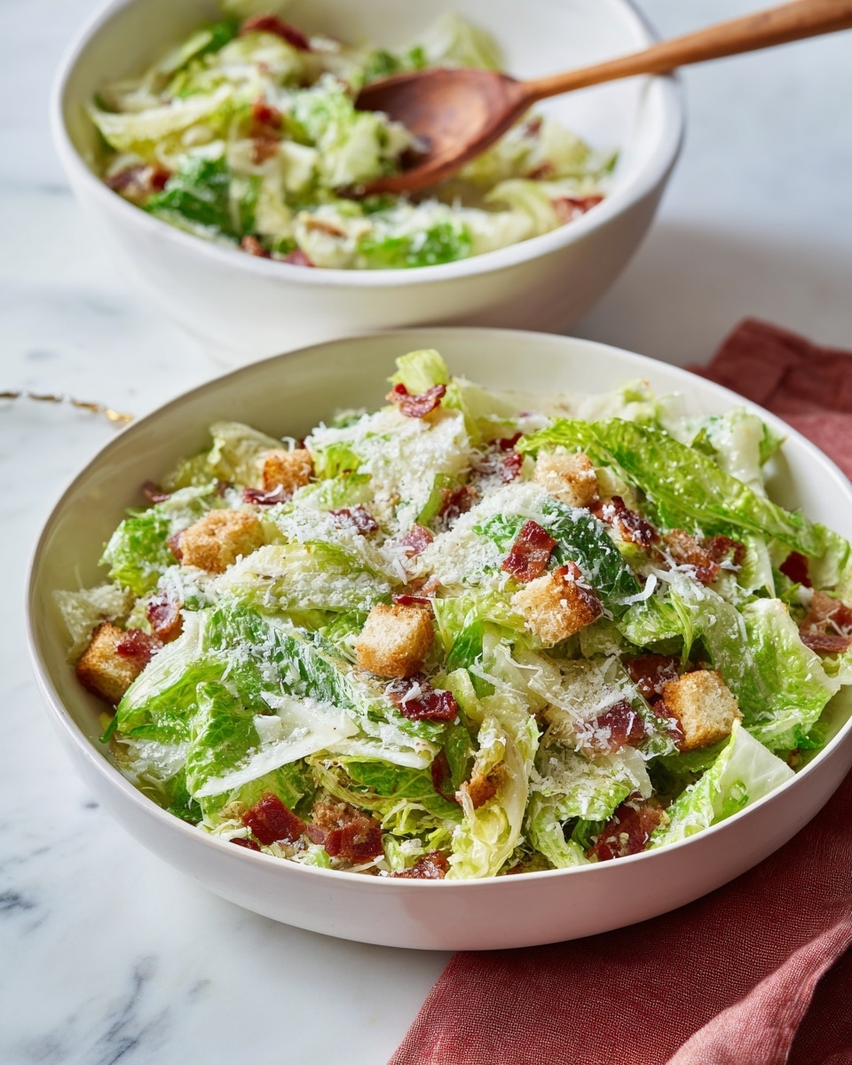 A small white round bowl filled with shredded bright green lettuce as the first layer, mixed with small golden-brown croutons scattered throughout as the second layer, topped with crispy pinkish-brown bacon pieces as the third layer, and finished with a light sprinkling of finely grated white cheese on top as the final layer, all sitting on a white marbled surface with a hint of a large white bowl filled with the same salad in the background and a piece of cooked bacon partially visible on the lower left side, with a soft pink cloth to the right photo taken with an iphone --ar 4:5 --v 7