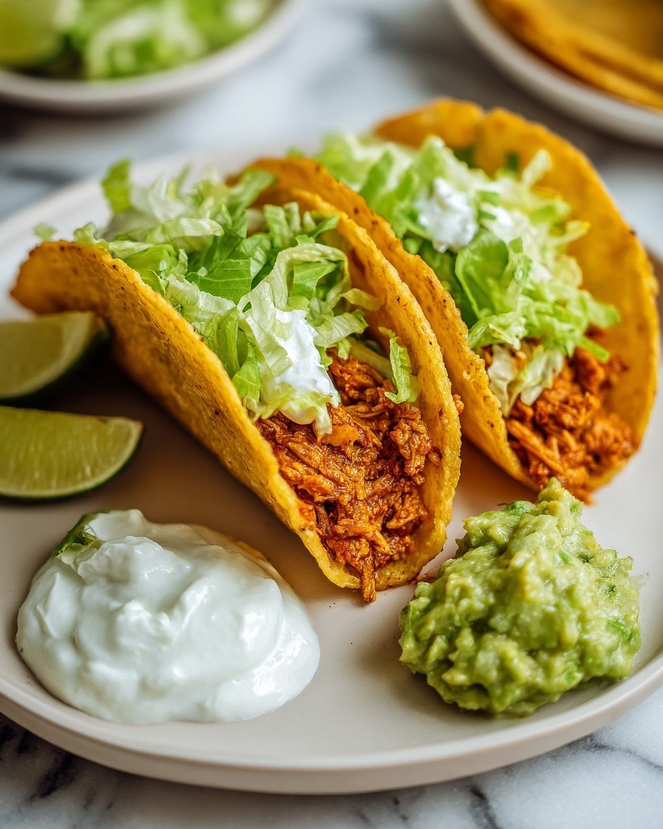 Two folded, golden-brown tacos filled with a reddish-orange mixture sit on a bed of fresh, bright green lettuce leaves on a white plate. On the plate next to the tacos are two dollops, one of creamy white sour cream and the other of chunky green guacamole. A lime wedge peeks out from behind the tacos, adding a pop of light green. The plate rests on a white marbled surface with a small bowl of guacamole and a red napkin partially visible nearby. Photo taken with an iphone --ar 4:5 --v 7