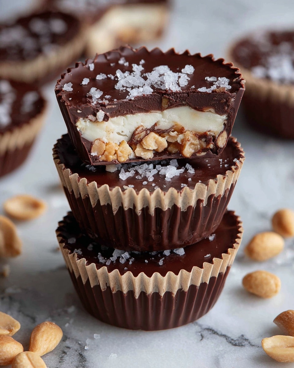 The image shows three dark chocolate cups stacked on top of each other, each sitting in a natural beige paper cup. The top cup has a bite taken out, revealing three layers inside: a smooth, shiny dark chocolate shell, a middle layer of creamy white filling, and a bottom layer filled with crunchy golden nuts. The surface of the chocolate is sprinkled with coarse white salt flakes. Around the stack, there are more chocolate cups in beige paper cups, some whole and some partially visible, all on a white marbled texture with scattered roasted peanuts. Photo taken with an iphone --ar 4:5 --v 7