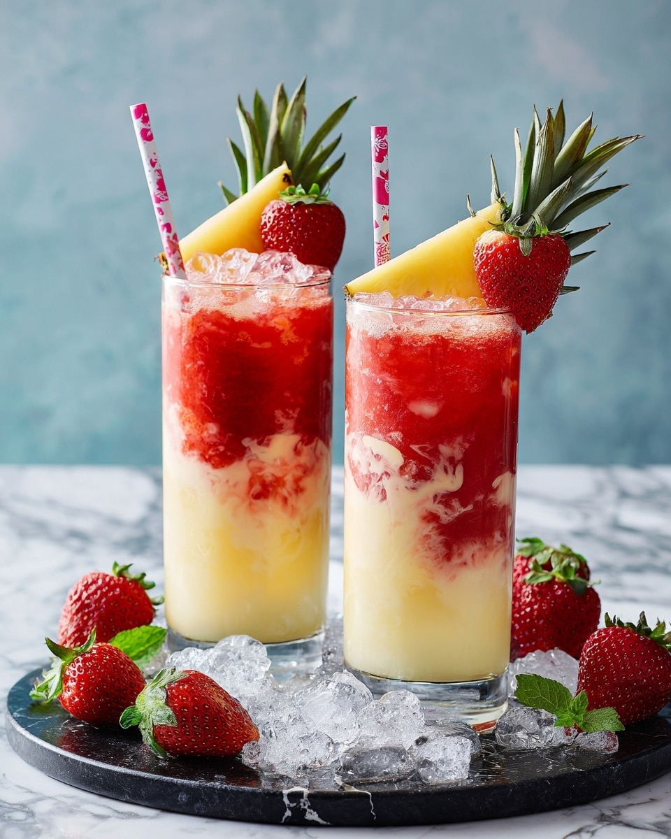 Two tall clear glasses of a swirled drink show two main layers: a creamy light yellow base mixed with bright red swirls, creating a smooth marbled look throughout. Each glass is topped with a fresh red strawberry and a small triangular slice of pineapple placed on the side rim. Colorful floral paper straws stand in each glass. The glasses are placed on a dark round board with ice cubes scattered around, and around it are whole and sliced strawberries, small green leaves, and chunks of pineapple. The whole setting rests on a white marbled surface with a bright blue background. photo taken with an iphone --ar 4:5 --v 7