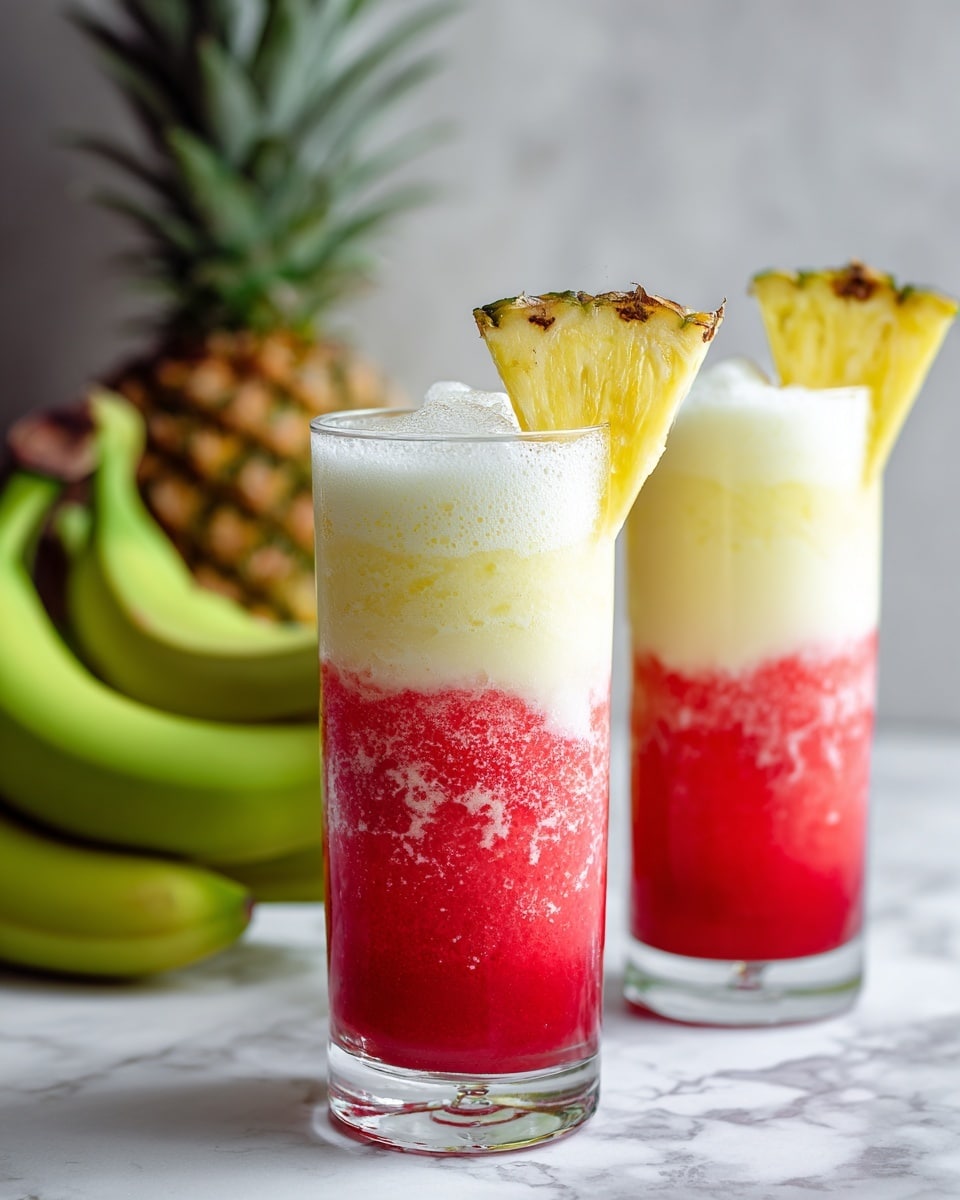 The image shows two tall clear glasses on a white marbled surface, each filled with a layered drink. The bottom layer is bright red and looks thick, while the top layer is light cream-colored and smooth, making a soft contrast. Each glass has a wedge of pineapple with a yellow and green rind placed on the rim. Near the glasses, there are whole green bananas and a whole pineapple with textured skin, as well as a few pineapple slices, arranged on the same surface. The light is soft, and the scene looks fresh and inviting. Photo taken with an iphone --ar 4:5 --v 7