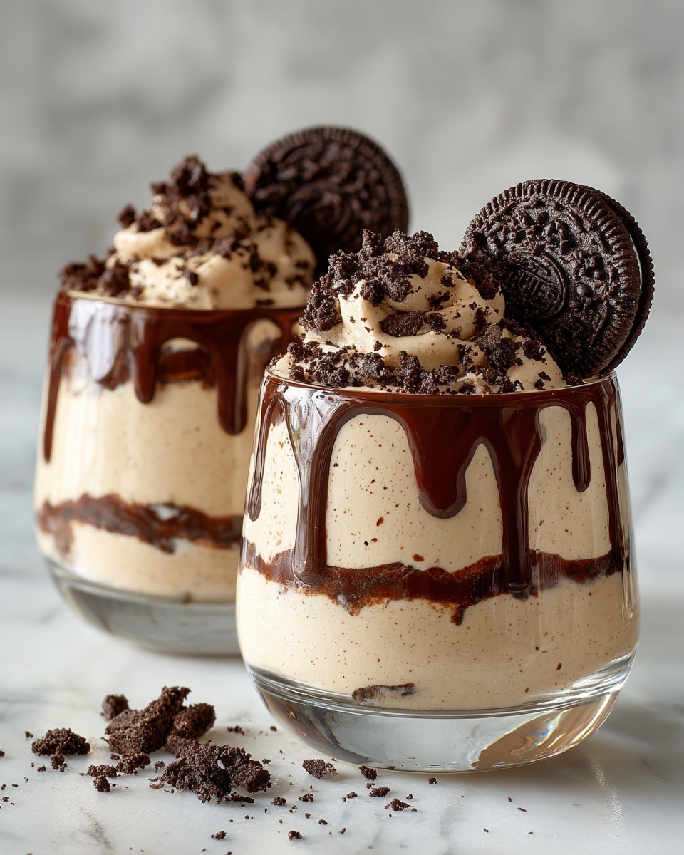 Two creamy desserts are served in clear glass coupe glasses, each filled with a smooth light brown mousse. On top, there are swirls of dark chocolate sauce drizzled unevenly, with tiny chocolate shavings scattered across the surface. Each dessert is garnished with a whole chocolate cookie standing up on one side. The glasses sit on a white marbled surface, with a slightly blurred second glass in the background. The photo taken with an iphone --ar 4:5 --v 7