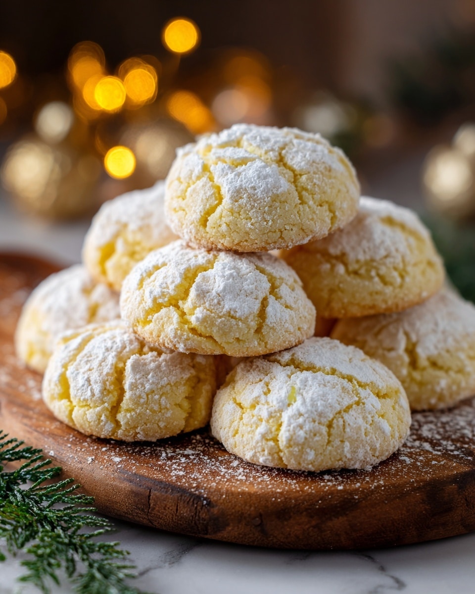 Seven pale yellow round cookies are arranged closely on a rustic wooden board with visible bark edges. Each cookie has a cracked surface, covered lightly with white powdered sugar dusted all over, including the board around them. The cookies have a slightly rough texture and a soft, cracked appearance. There are green pine branches and red berries blurred softly in the background with warm, glowing lights adding a cozy touch. The entire scene is set on a white marbled textured surface. photo taken with an iphone --ar 4:5 --v 7