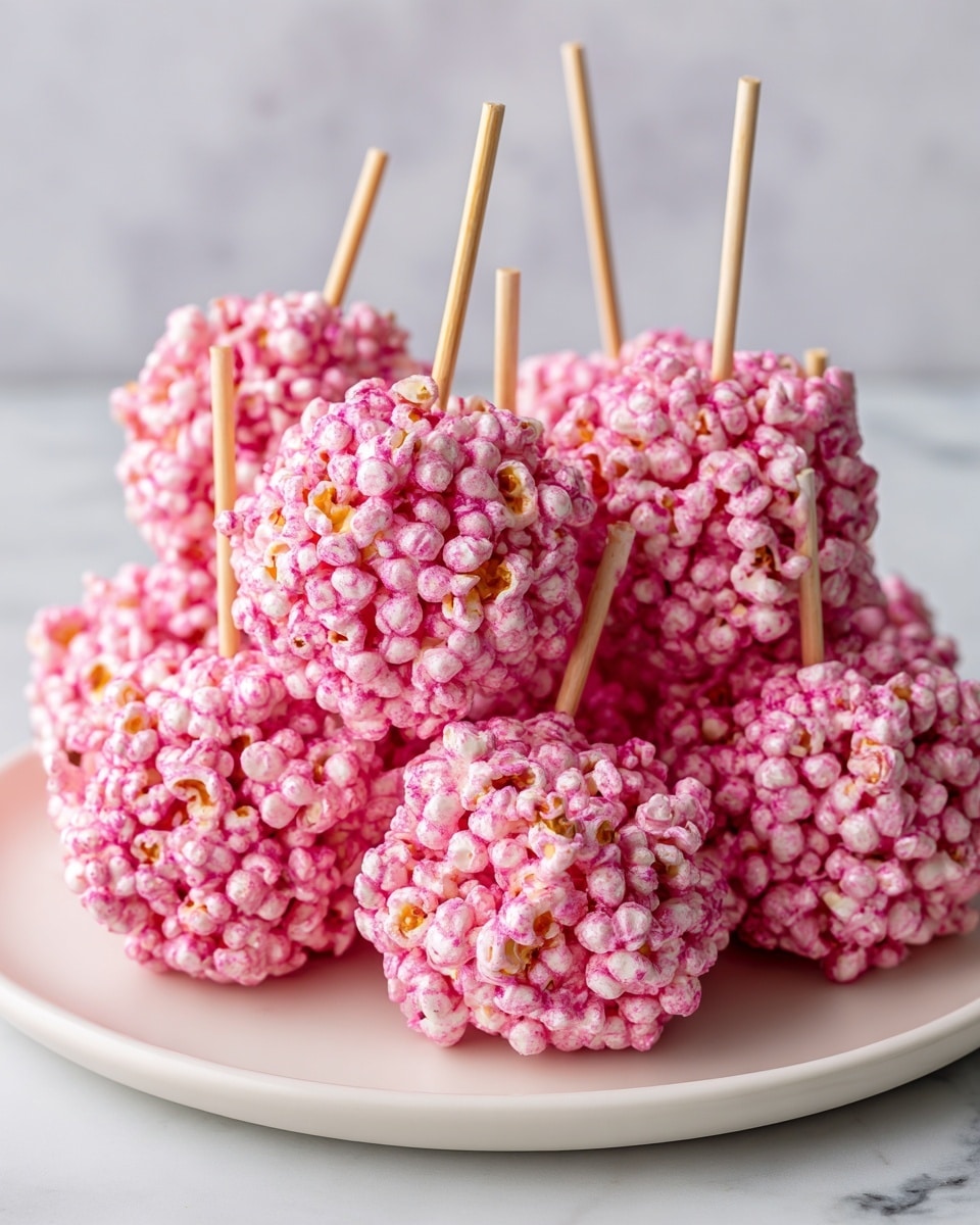 The image shows a cluster of pink popcorn balls on wooden sticks, arranged closely together on a white plate placed on a white marbled surface. Each popcorn ball is tightly packed with small, round popcorn pieces coated in bright pink candy, giving a bumpy texture. The sticks are light brown and thin, extending diagonally out from the plate. The pink color of the popcorn contrasts softly with the white plate and the white marbled background, creating a clean and colorful look. Photo taken with an iphone --ar 4:5 --v 7