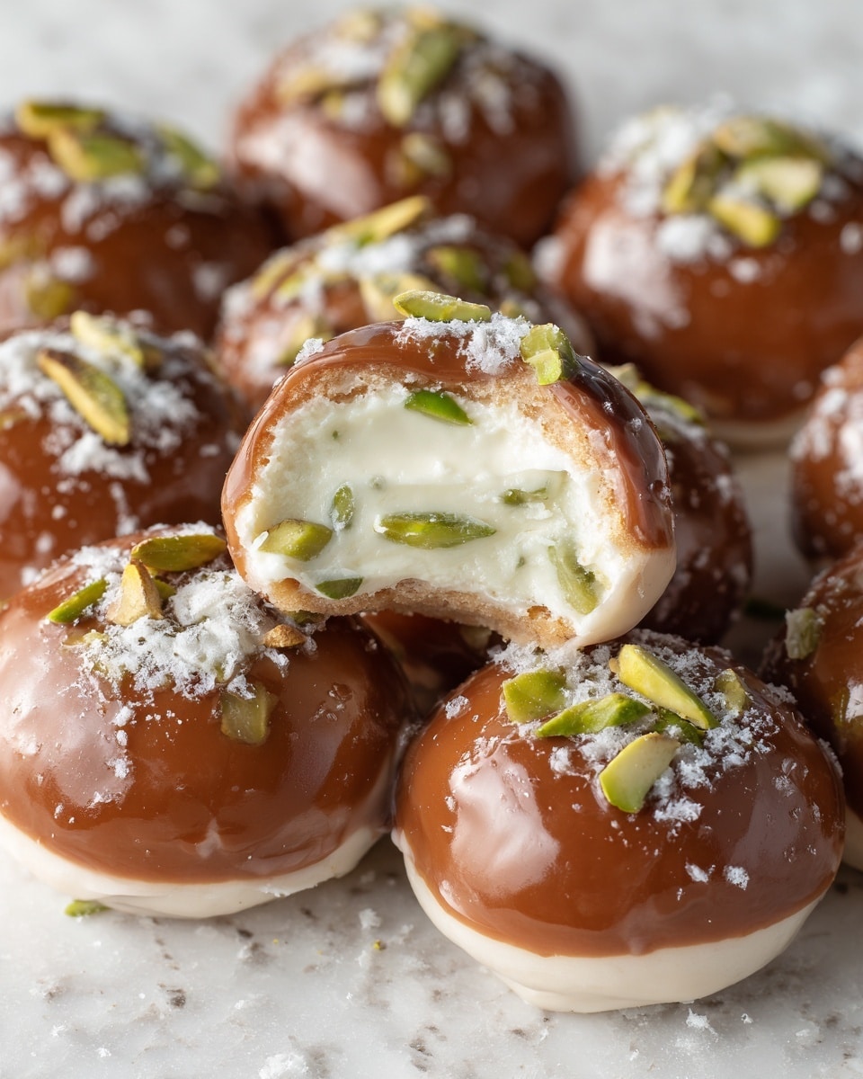 Close-up image of round, golden brown dessert balls covered with shiny caramel sauce, each topped with small chopped green pistachio pieces and a light sprinkle of white powdered sugar. One dessert ball in the front is cut open, showing a creamy, pale yellow filling inside with a smooth texture. The sweets are tightly placed together on a white marbled surface. photo taken with an iphone --ar 4:5 --v 7