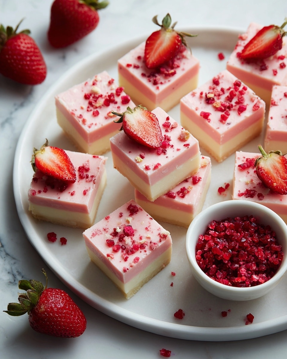 The image shows many small square pieces of pink and white fudge arranged on a white plate, each piece having two layers: the bottom layer is creamy white and smooth, while the top layer is pink with a slightly rough texture and sprinkled with small red bits. Around the plate, there are fresh red strawberries and a small white bowl filled with crushed red freeze-dried strawberry pieces. The whole scene is set on a white marbled surface, creating a clean and bright look. photo taken with an iphone --ar 4:5 --v 7