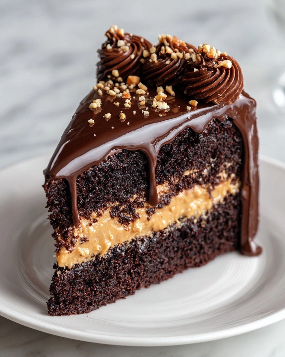 A close-up of a two-layer chocolate cake on a white plate, set against a soft, white marbled texture. The bottom and top layers are dark, moist chocolate sponge with a thick, creamy light brown peanut butter filling sandwiched in the middle. Over the top, rich, glossy chocolate ganache smoothly drapes down the sides, while the top edge is decorated with piped chocolate swirls and sprinkled chopped peanuts. The image shows the cake slice slightly tilted to highlight the smooth textures and details of each layer. Photo taken with an iphone --ar 4:5 --v 7