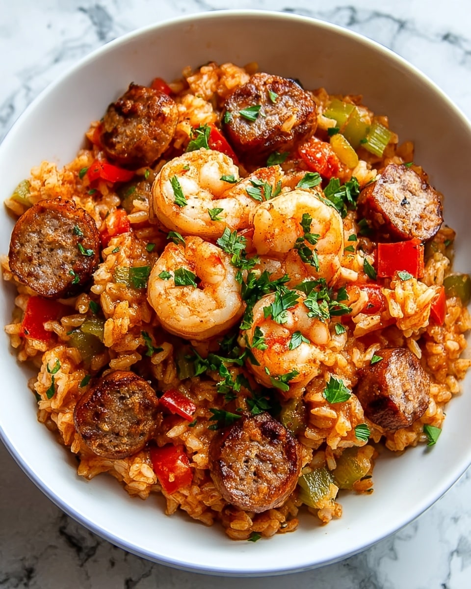 A white bowl filled with a rich, saucy rice dish as the base layer, showing a mix of cooked rice grains coated in a reddish-brown sauce with visible green and red vegetable pieces like celery and bell pepper mixed throughout. On top, there is a layer of round, browned sausage slices and plump, curled shrimp, each with a pinkish-orange outer color and white inner flesh. The dish is sprinkled with chopped green herbs scattered evenly across, adding a fresh green contrast to the warm colors of the shrimp, sausage, and rice. The background is a white marbled surface with bright, natural light highlighting the moist and textured ingredients. photo taken with an iphone --ar 4:5 --v 7