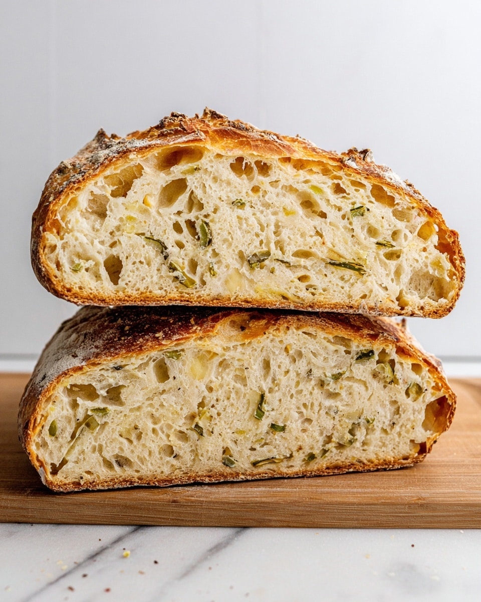 The image shows two thick slices of bread stacked on top of each other, placed on a piece of white paper over a wooden board. The bread has a light golden-brown crust with a slightly rough texture, and the inside is soft and airy with small holes. The bread contains visible bits of green herbs or vegetables mixed throughout the light beige dough. The background is a simple white marbled texture with white tiles in soft focus. Photo taken with an iphone --ar 4:5 --v 7