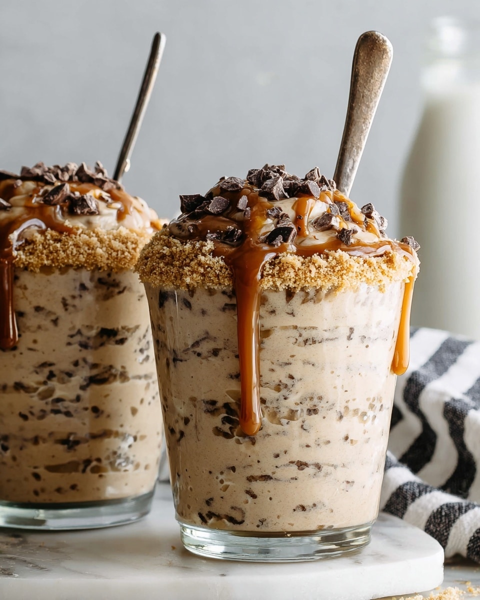 Two clear glass cups filled with a creamy light brown mixture studded with small dark specks, resembling a textured rice pudding or chia dessert. Each cup is topped with a crumbly golden brown topping that looks soft and moist. One cup has a thick dark spoon inserted into the topping. The cups sit on a white marbled surface with some crumbs scattered around, and a blurred bottle and a striped cloth in the background. photo taken with an iphone --ar 4:5 --v 7