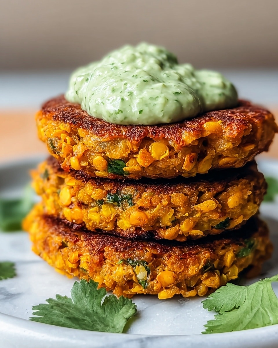 A stack of three golden-brown patties with a crispy, textured surface made of small grains, showing bits of green herbs mixed in, sits on a white plate. The patties are thick and evenly cooked, with a slight char on top adding a darker brown color. On top of the stack is a dollop of creamy light green sauce with visible tiny herb pieces, giving it a smooth but slightly chunky texture. Around the base of the patties, fresh green herb leaves peek out, adding a fresh touch to the warm tones of the patties. The background is softly blurred with a calm natural light, and the plate rests on a white marbled texture. photo taken with an iphone --ar 4:5 --v 7