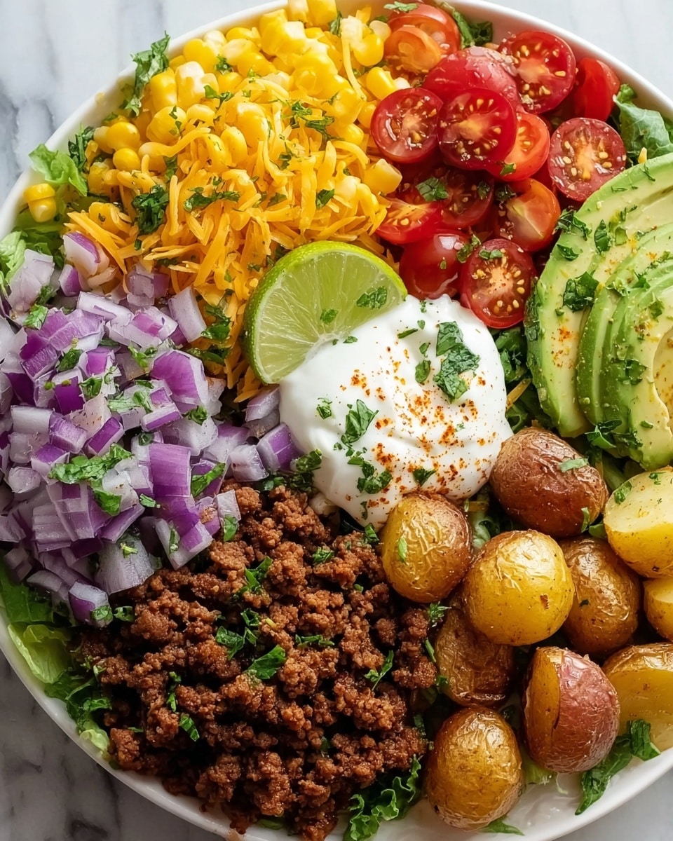 A colorful dish arranged in separate sections on a white plate with a white marbled background. Starting from the top left, there is a bright yellow corn layer with small green herbs scattered over it. Next to it, almost in the center, is a mound of shredded orange cheese topped with a dollop of white sour cream garnished with tiny green herbs and a sprinkle of red spice. To the right of the cheese, there are halved red cherry tomatoes and green slices of avocado sprinkled with chopped herbs. Below the avocados is a dark brown, crumbly ground meat seasoned with visible black beans and herbs. On the bottom of the plate, there are golden roasted baby potatoes with crispy skin. To the left of the potatoes, bright purple chopped onions with green herbs are seen beside a green lime wedge partly visible at the top left edge of the plate. photo taken with an iphone --ar 4:5 --v 7