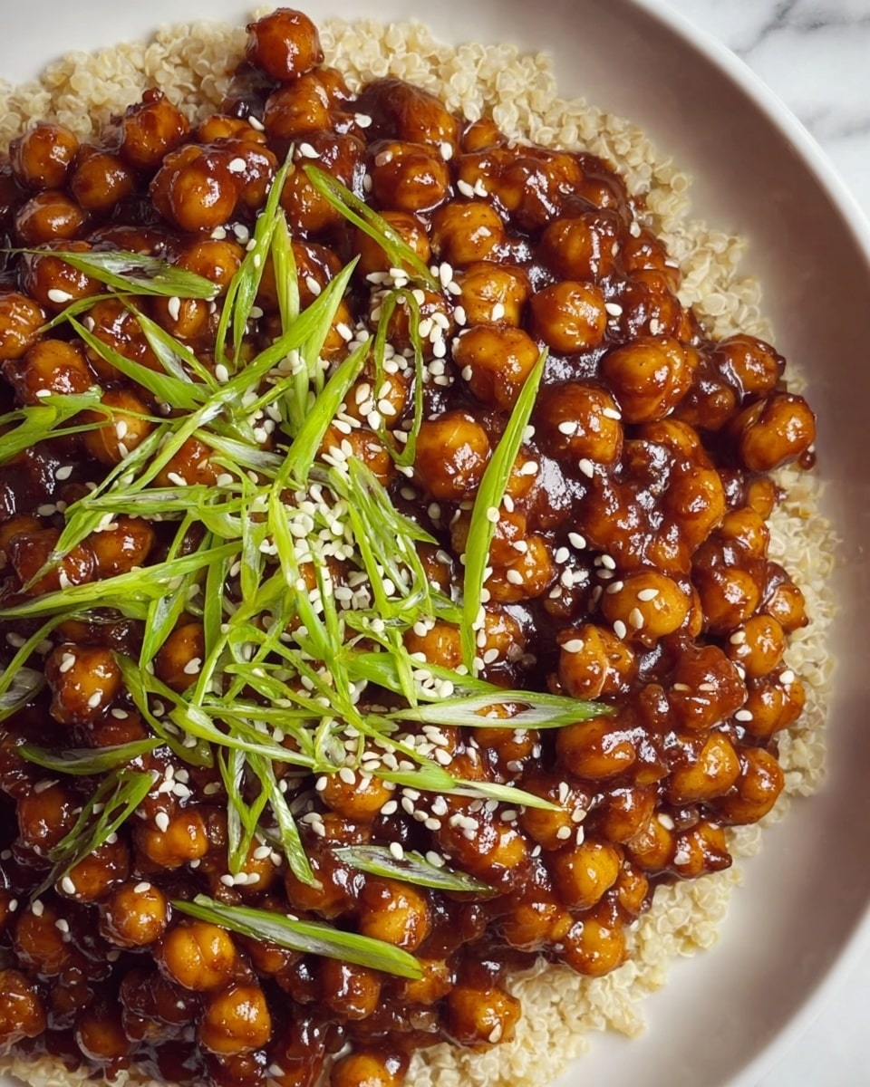 A close-up image of a dish served on a white plate placed on a white marbled surface, showing three layers: the bottom layer is soft beige rice, the middle layer is a thick, glossy coat of dark brown glazed chickpeas with a sticky texture, and the top layer is bright green thinly sliced scallions scattered evenly, along with white sesame seeds sprinkled over the chickpeas, giving a fresh and crunchy look. photo taken with an iphone --ar 4:5 --v 7