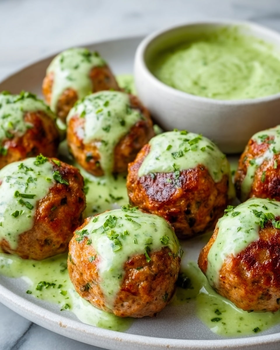 The image shows a close-up of several round, golden-brown meatballs topped with a smooth, light green sauce that drips slightly down their sides. The meatballs have a slightly crispy texture on the outside and are arranged closely together on a white plate. Behind them, there is a small bowl filled with more of the same green sauce, and the plate sits on a white marbled surface. The colors and textures of the meatballs and sauce are clear and detailed, creating an inviting and fresh look. Photo taken with an iphone --ar 4:5 --v 7