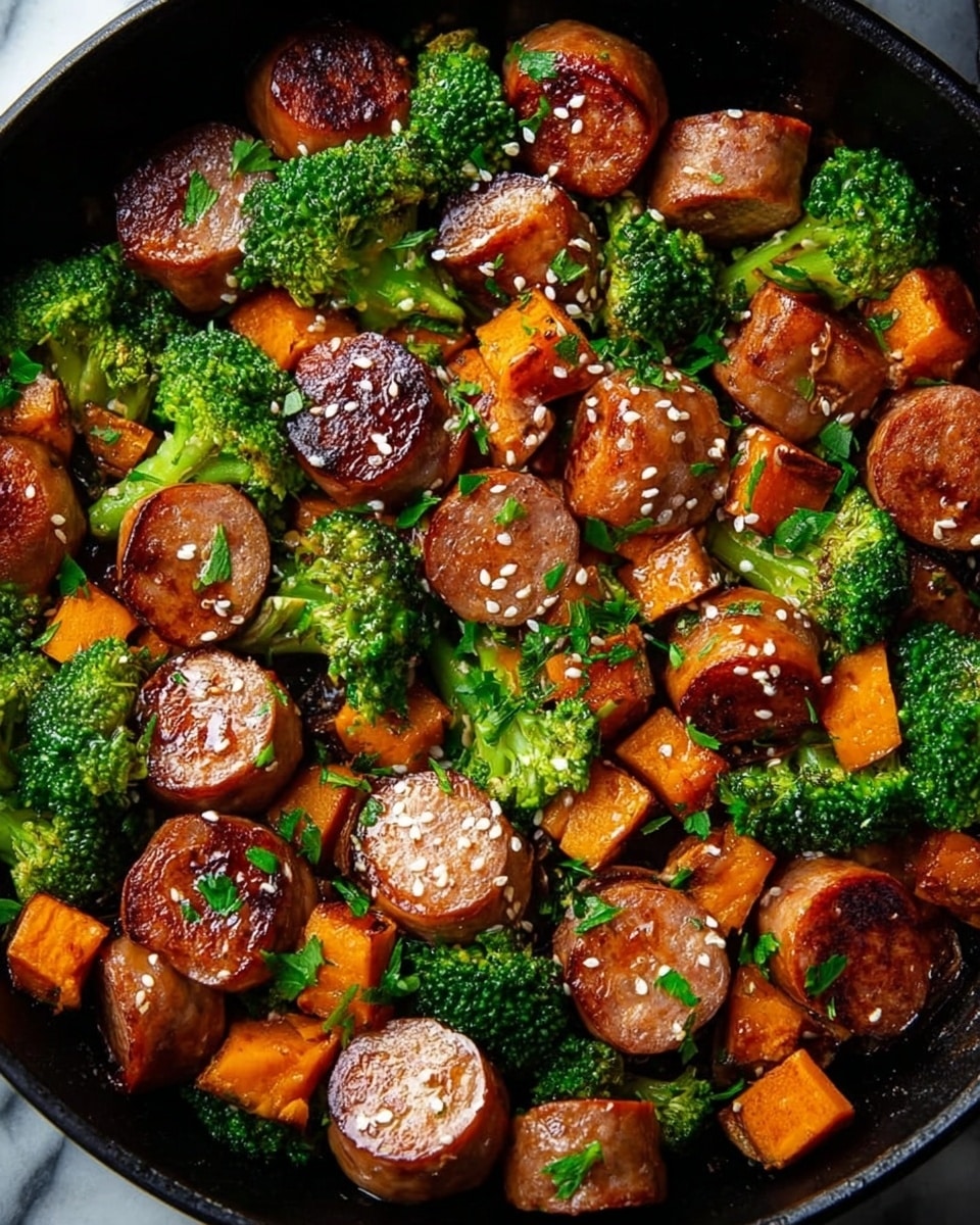 A close-up view of a black pan filled with a cooked dish showing several thick slices of browned sausage, surrounded by bright green broccoli florets and small orange cubes of sweet potato. The sausage slices have a shiny, glazed surface with some white sesame seeds sprinkled on top, while fresh green parsley leaves are scattered throughout. The textures show the smooth, slightly crispy sausage skin, tender soft sweet potatoes, and crunchy broccoli. The pan is set on a white marbled surface. photo taken with an iphone --ar 4:5 --v 7