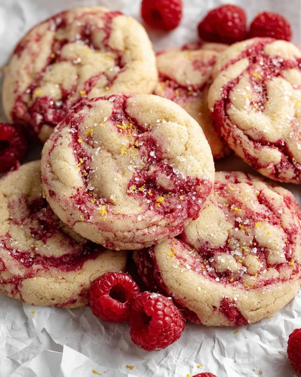 A close-up of a group of round cookies with a light beige base color, swirled with bright red raspberry streaks throughout. The cookies have a slightly cracked texture and are sprinkled with coarse sugar crystals and small bits of yellow lemon zest on top. A few fresh raspberries are scattered around the cookies, which rest on crinkled white parchment paper placed on a white marbled surface. photo taken with an iphone --ar 4:5 --v 7