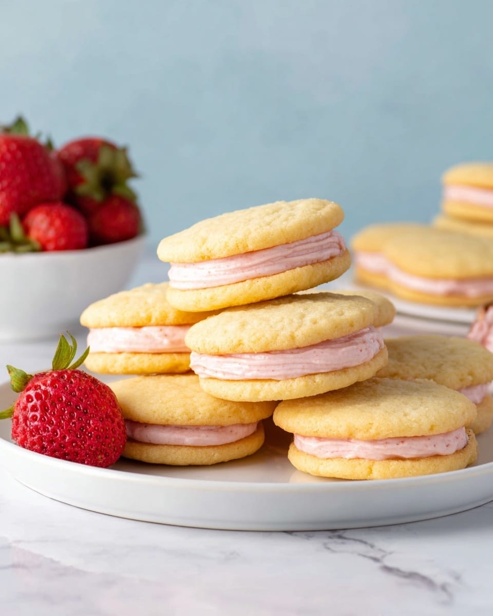 A white plate holds six sandwich cookies stacked in a loose pile, each cookie made of two light golden-brown soft cookies with a thick layer of smooth, pale pink cream filling sandwiched in between; the cream looks fluffy and slightly textured. In the background, a white bowl filled with bright red strawberries is partially visible, adding a fresh touch, while a single strawberry rests on the white marbled surface near the plate. The overall scene has soft, natural lighting highlighting the soft textures and gentle colors of the cookies and cream. photo taken with an iphone --ar 4:5 --v 7
