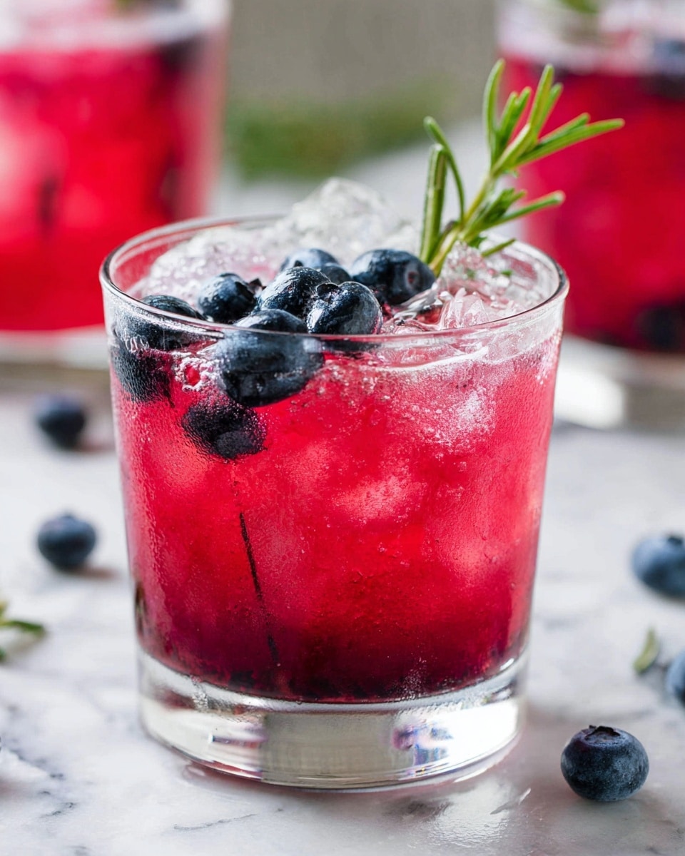 A clear short glass filled with a bright red drink layered with translucent ice cubes, dark purple blueberries floating on top and inside, and a sprig of green rosemary standing upright near the edge. The glass sits on a white marbled surface with a soft blurred background showing another similar drink. A few blueberries are scattered around the glass. The drink looks refreshing and cold, with condensation on the outside of the glass. photo taken with an iphone --ar 4:5 --v 7