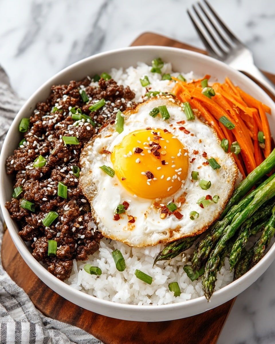 A white bowl filled with a base layer of fluffy white rice, topped with four distinct sections: savory brown marinated beef garnished with white sesame seeds and chopped green onions, bright orange julienned carrots, fresh green leafy vegetables sprinkled with red chili flakes and sesame seeds, and a golden fried egg with a runny yolk placed slightly off-center. The egg has crispy edges and is also sprinkled with sesame seeds and red chili flakes. The bowl is set on a round wooden board with a white marbled texture beneath it. Photo taken with an iphone --ar 4:5 --v 7