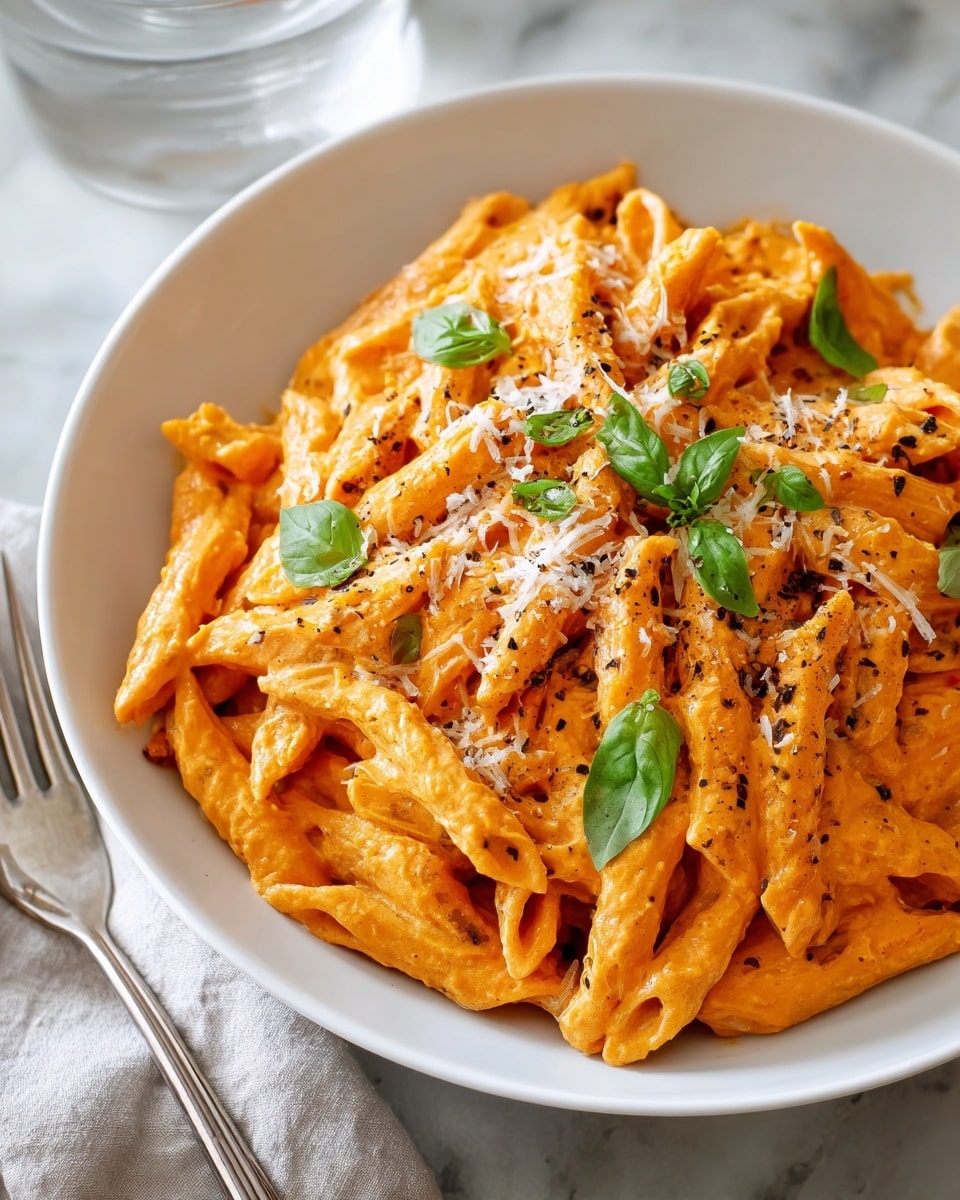 A white bowl filled with a single layer of penne pasta coated in a smooth, creamy orange sauce. The pasta is topped with a light sprinkle of finely grated white cheese and small green basil leaves scattered evenly over the dish. The textures are rich and creamy, with the pasta's ridges visible through the sauce. The bowl sits on a white marbled surface next to a silver fork. Photo taken with an iphone --ar 4:5 --v 7