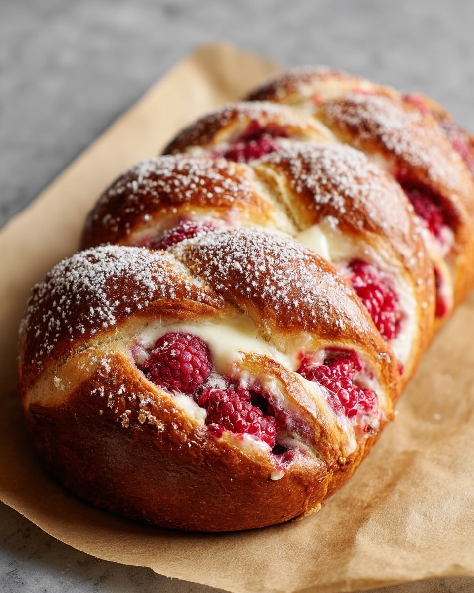 The image shows a close-up of a braided bread loaf with a golden brown crust, dusted lightly with powdered sugar. The loaf has about seven thick twisted segments, each revealing a creamy white layer inside, mixed with bright red raspberries peeking out along the top and sides. The bread rests on light brown parchment paper, set against a white marbled texture. The surface looks soft and slightly glossy, with the raspberries adding a fresh, textured contrast. photo taken with an iphone --ar 4:5 --v 7
