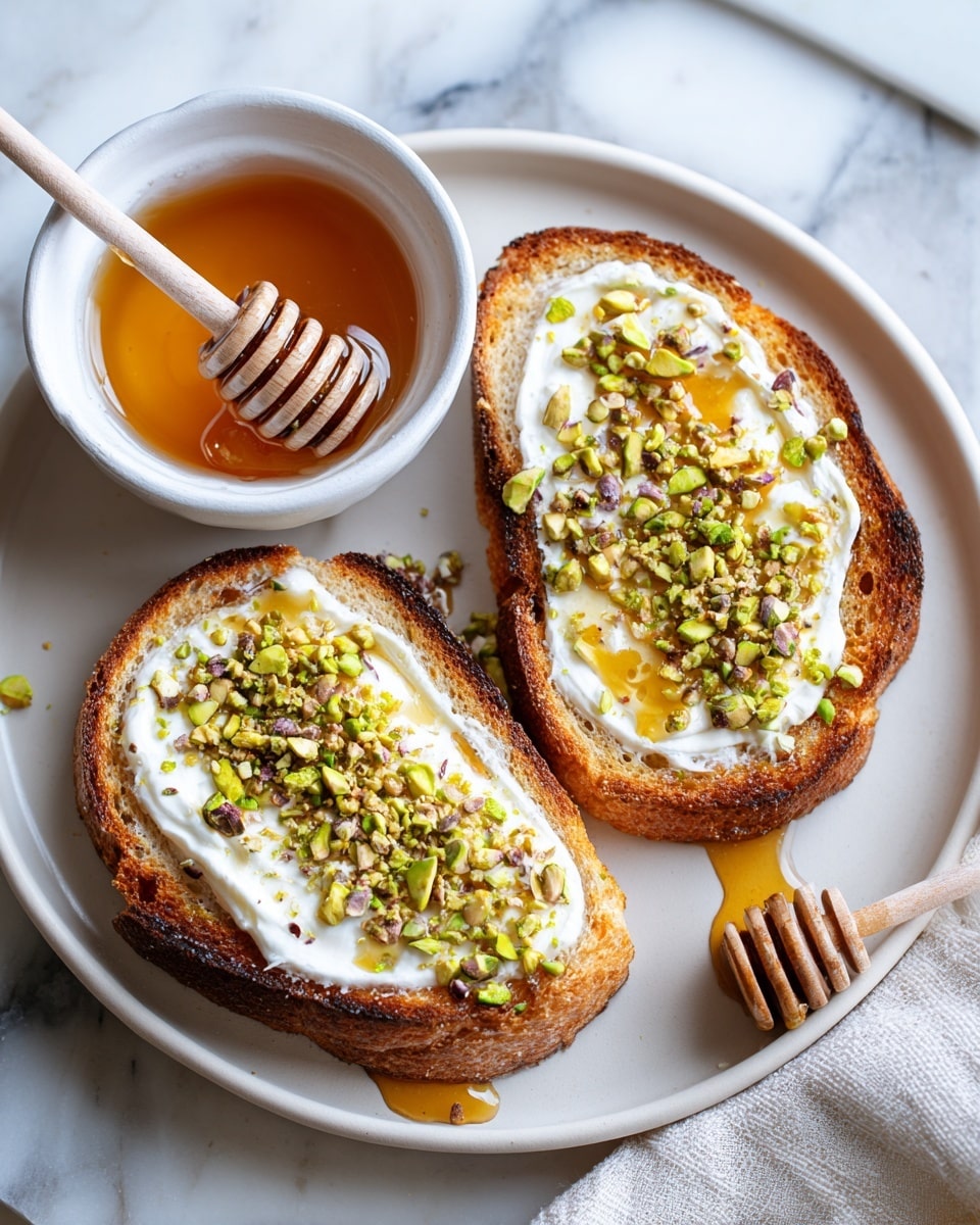 Two slices of toasted bread with a golden-brown crust are placed side by side on a white plate. Each slice is covered with a thick, creamy white layer of ricotta cheese spread evenly across the top. On top of the cheese, there's a generous drizzle of golden honey and a sprinkling of chopped green pistachios, adding texture and color contrast. Next to the toast, a small white bowl filled with honey holds a wooden honey dipper resting inside, and another honey dipper lies on the plate with honey dripping from it. The setup is on a white marbled surface with a gray and white cloth partially visible at the edge. Photo taken with an iphone --ar 4:5 --v 7