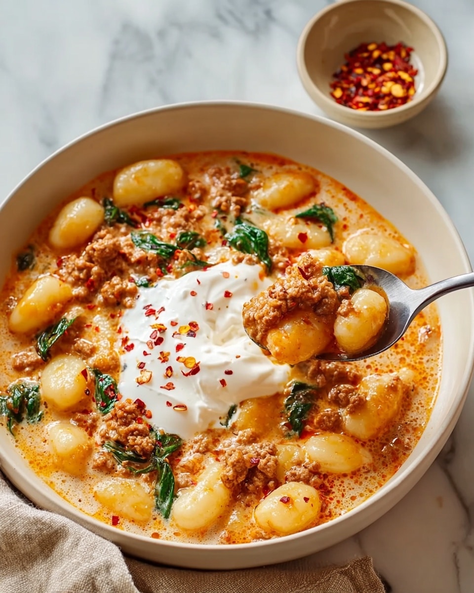 A close-up of a white bowl filled with gnocchi in a creamy, orange-tinted sauce with visible crumbled browned meat and bits of green leaves mixed throughout. The dish is topped with a dollop of white creamy cheese or sour cream, sprinkled with red chili flakes. A spoon lifts a portion showing three light golden gnocchi pieces, meat crumbles, and the creamy topping dripping slightly. The bowl sits on a white marbled surface with a small dish of red chili flakes beside it and a beige cloth nearby. Photo taken with an iphone --ar 4:5 --v 7