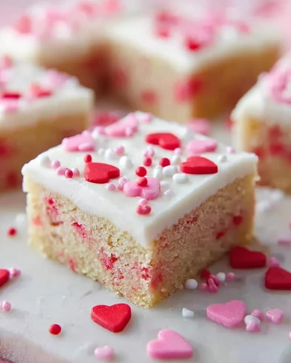 The image shows a close-up of a square piece of cake with two layers on a white marbled surface. The bottom layer is light beige with small red bits inside, likely pieces of strawberry or candy, creating a slightly uneven texture. On top of this layer is a thick, smooth white frosting layer. The frosting is decorated with small pink and red heart-shaped sprinkles scattered evenly across the top and some around the cake on the surface. In the background, three similar cake pieces are slightly out of focus. The setting is bright and softly lit. Photo taken with an iphone --ar 4:5 --v 7