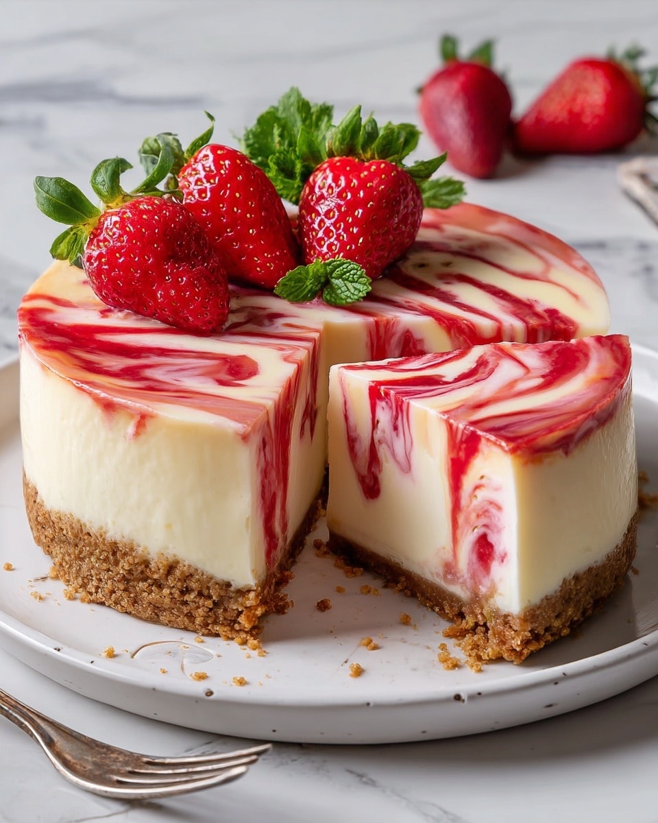 A creamy cheesecake with three visible layers sits on a white plate with subtle decorative edges, placed on a white marbled surface. The bottom layer is a dense, crumbly brown crust, the middle layer is thick and smooth off-white cheesecake filling, and the top layer is a glossy swirl of pink and white strawberry sauce that extends slightly down the sides. Fresh, bright red strawberries with green leaves are placed on the top and around the plate. A silver fork rests on the left side of the plate. Photo taken with an iphone --ar 4:5 --v 7
