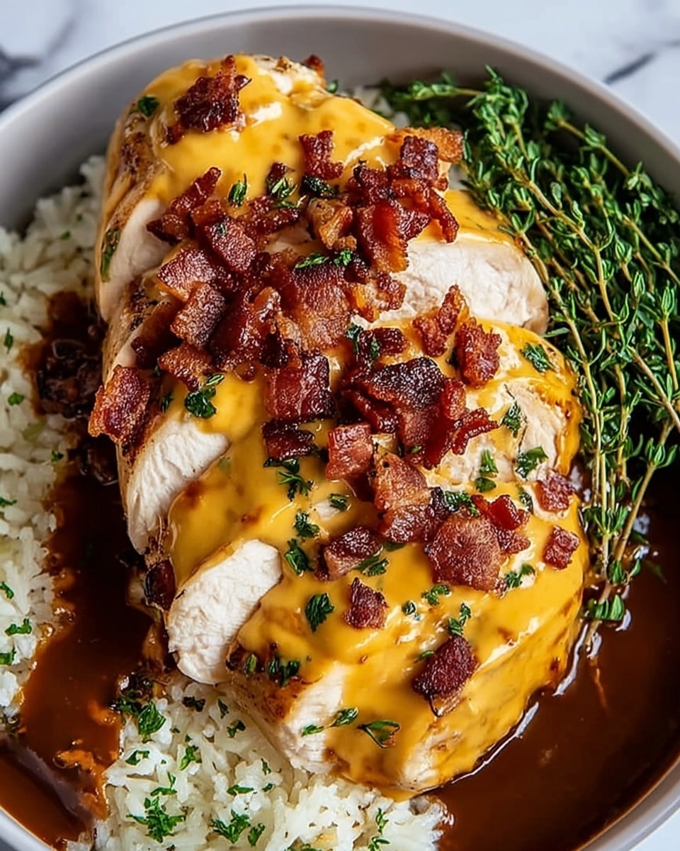 The image shows a sliced grilled chicken breast on a white plate, placed on a white marbled surface. The chicken has two layers: the base is a smooth, creamy-looking white cooked meat with a slightly browned outer edge, and the top layer is a bright orange cheesy sauce spread thickly, covering most of the chicken. On top of the cheese sauce are small crispy bacon pieces tinted deep red-brown and sprinkled with chopped green herbs. There is also a dark brown glossy sauce drizzled over the cheese and chicken, pooling slightly on the plate. On the side, there is a small bunch of fresh green herbs that adds a contrast to the warm colors on the plate. Photo taken with an iphone --ar 4:5 --v 7
