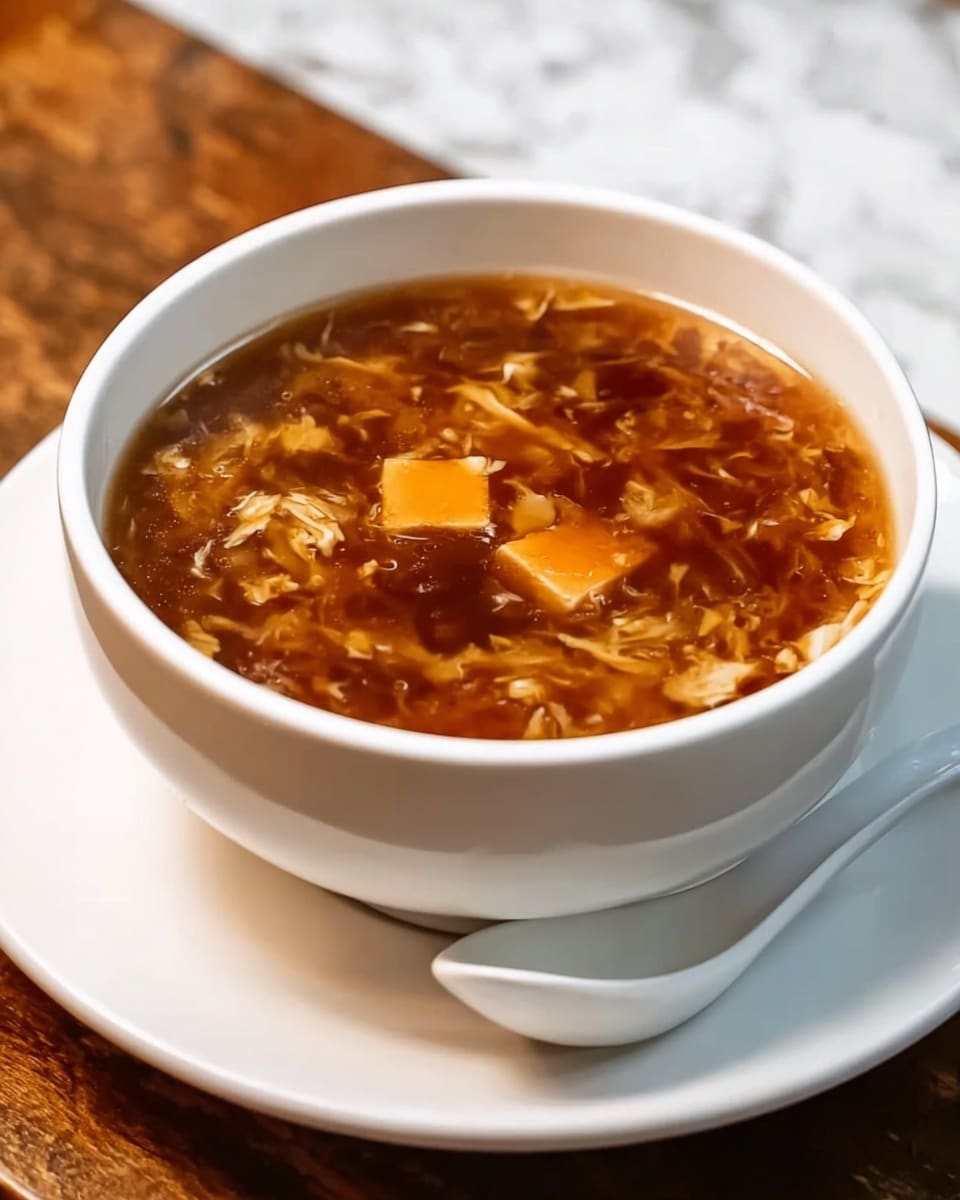 The image shows a white bowl filled with a hot soup that has a brownish-red broth, with small pieces of tofu floating on the surface. The soup appears to have thin layers of shredded ingredients, such as egg or meat, giving a textured appearance. The bowl is placed on a white saucer on a wooden surface, and a white spoon rests beside the bowl. photo taken with an iphone --ar 4:5 --v 7