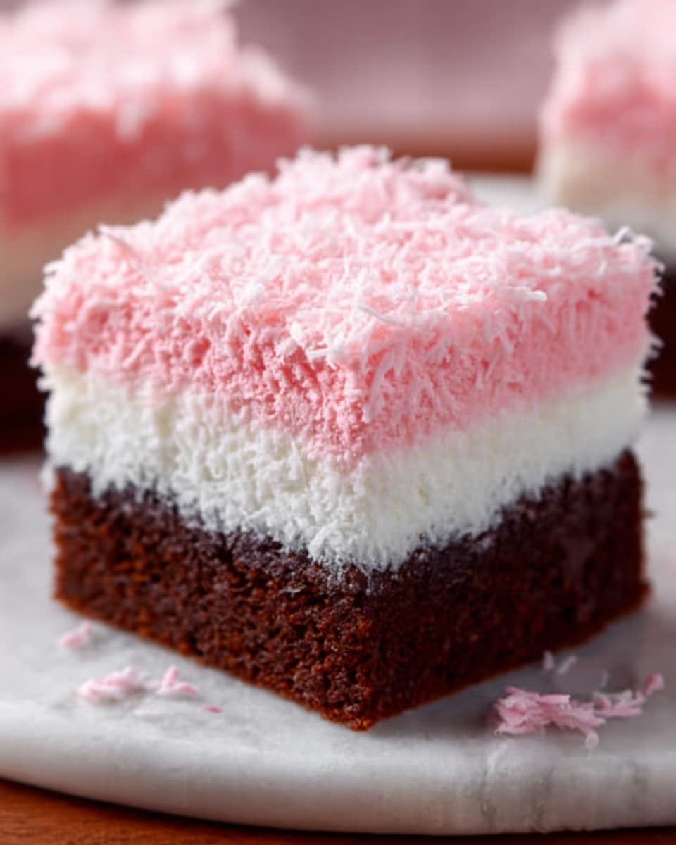 The image shows a square piece of cake with three clear layers. The bottom layer is dark brown, looking moist and chocolatey with a slightly rough texture. The middle layer is white, fluffy, and creamy, smooth and thick. The top layer is a soft pink, made of fine shredded flakes that look light and fluffy, covering the white layer completely. The cake sits on a wooden board with a few scattered flakes around it. The background is a white marbled texture. photo taken with an iphone --ar 4:5 --v 7