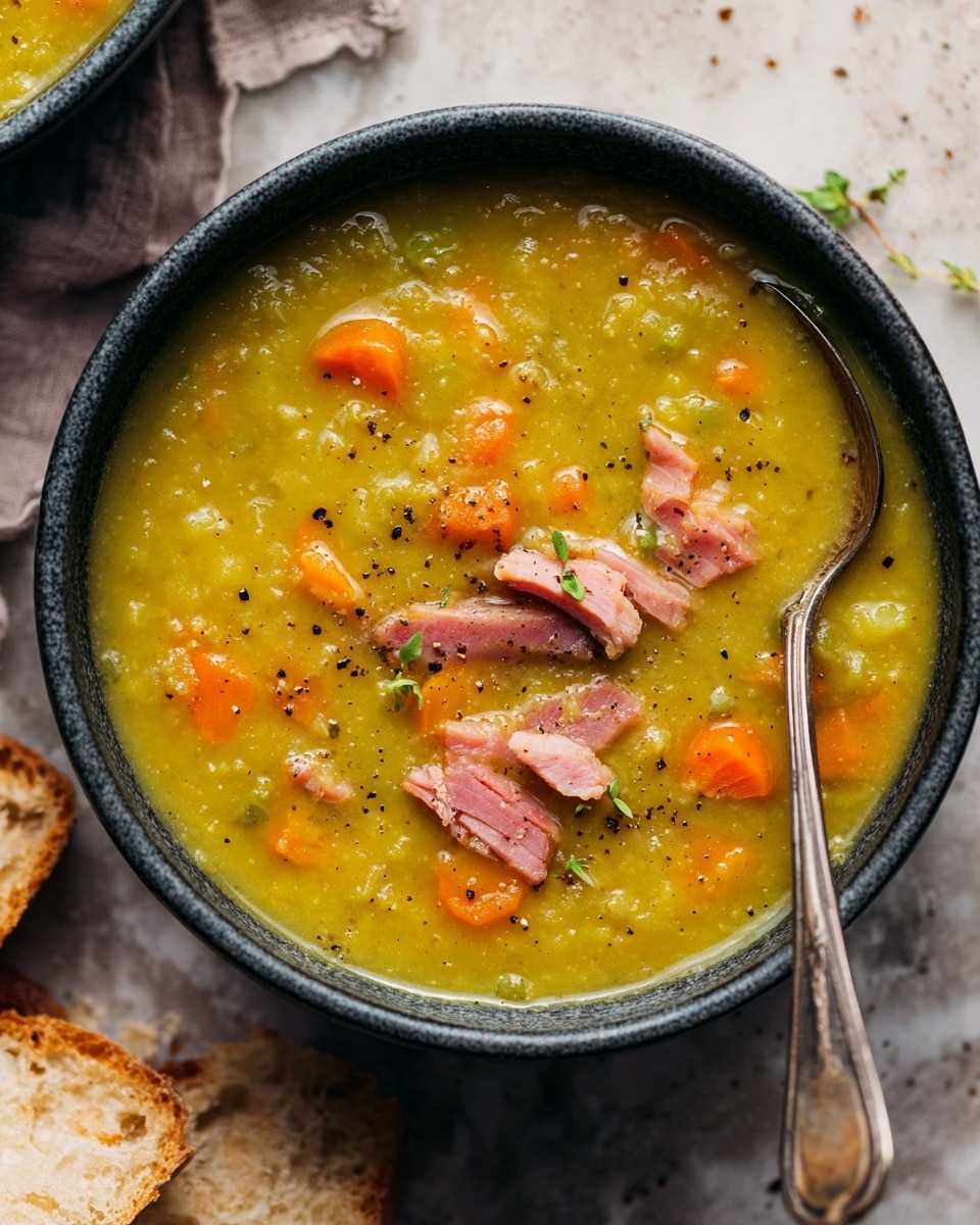 A bowl of thick, yellow-green split pea soup with visible small chunks of soft orange carrots and translucent diced onions, topped with strips of pink ham and tiny green herb leaves, sprinkled with black pepper. The soup has a smooth but chunky texture and a slightly oily surface that reflects light. A silver spoon is partially submerged on the right side inside the round white bowl, which rests on a white marbled texture. Pieces of crusty bread with a golden-brown crust are partially visible near the bowl. photo taken with an iphone --ar 4:5 --v 7