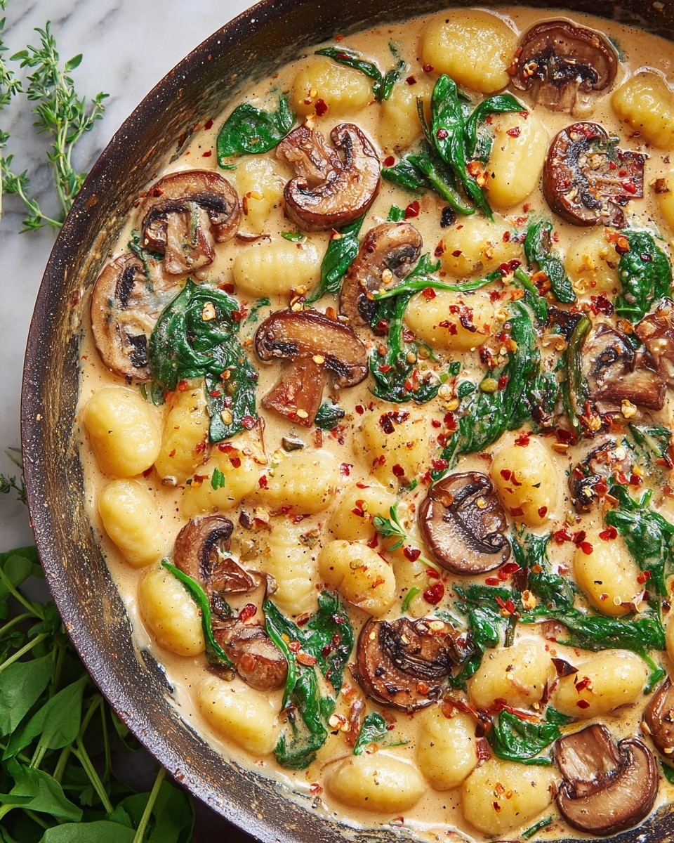 The dish is shown in a round silver pan filled with several layers starting with a creamy white sauce base. On top, there are soft, plump yellow gnocchi scattered evenly across the pan. Mixed throughout are sautéed mushroom slices, browned on the edges giving a slightly crispy texture. Fresh dark green spinach leaves are interspersed between the gnocchi and mushrooms. The entire dish is sprinkled with red chili flakes adding tiny bright red spots and a touch of texture, with some paprika dust giving a light red powdery finish, all set atop a white marbled surface. Photo taken with an iphone --ar 4:5 --v 7
