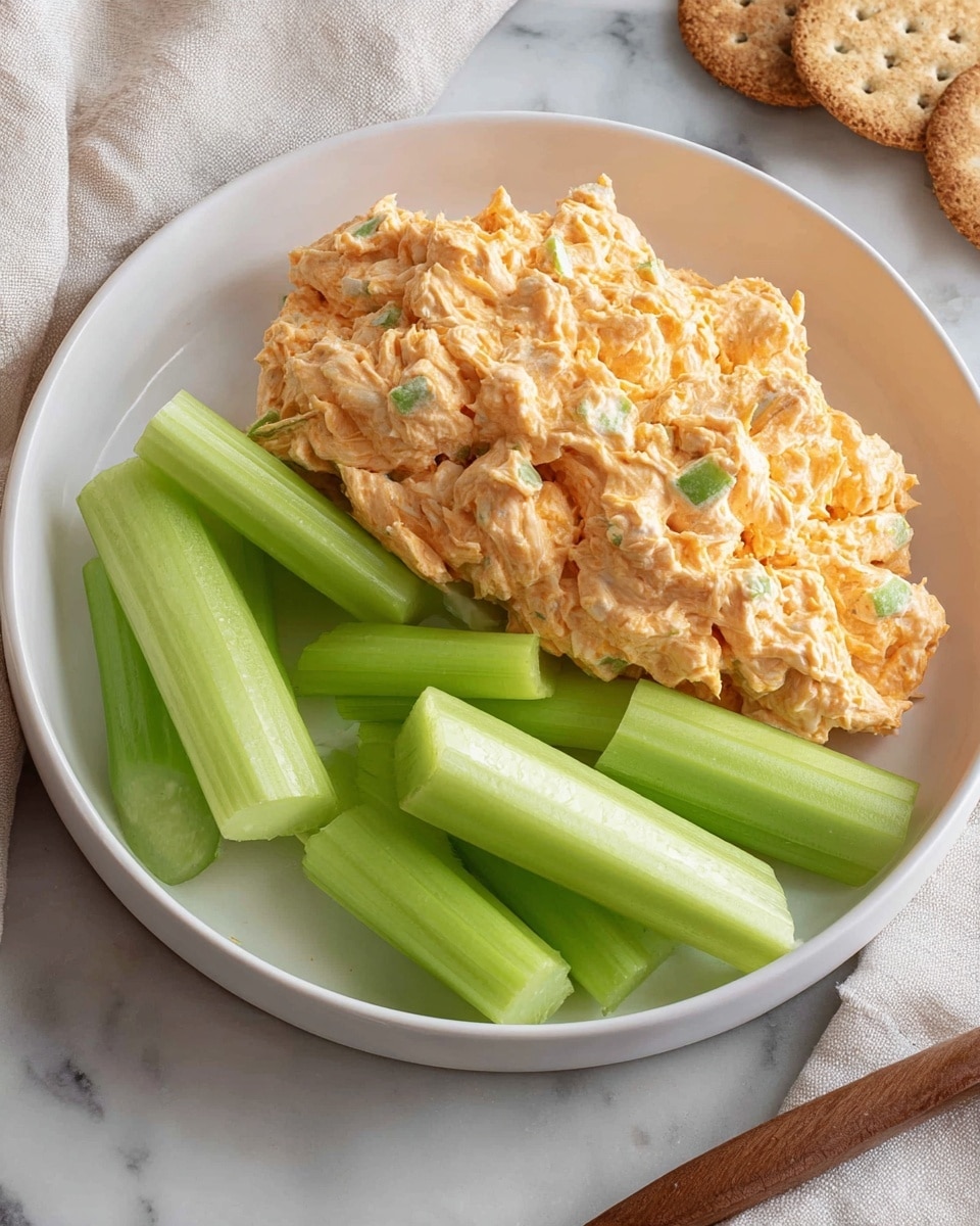 A white plate holds a creamy, chunky orange mixture spread over half of the plate, showing bits of shredded texture mixed with small pieces of green visible inside. On the other half, six fresh, bright green celery sticks with smooth, shiny surfaces are placed side by side. The plate sits on a white marbled surface with a light gray cloth and a piece of cracker blurred in the background. Photo taken with an iphone --ar 4:5 --v 7