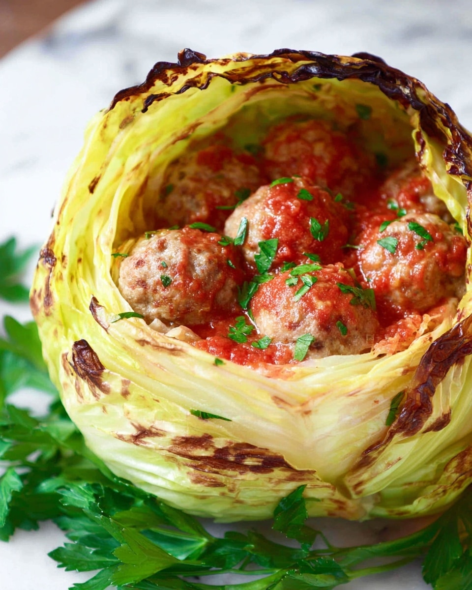 The dish shows a hollowed-out cabbage head with a slightly charred outer layer in shades of light yellow and brown. Inside the cabbage, there are several round, plump meatballs coated partly in red tomato sauce, with small green herbs sprinkled on top. The cabbage leaves wrap around the meatballs, creating a nest-like shape, with some fresh green parsley placed around the base of the cabbage. The whole setup rests on a white marbled surface. photo taken with an iphone --ar 4:5 --v 7