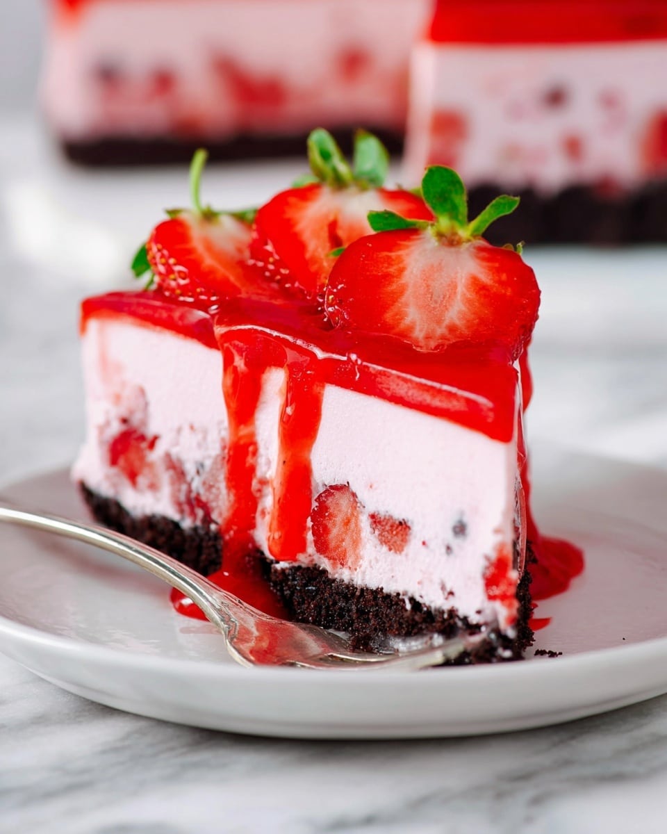 The image shows a slice of strawberry cheesecake with three distinct layers on a white plate over a white marbled surface. The bottom layer is dark brown and crumbly, the middle layer is thick and light pink with small chunks of red strawberries inside, while the top layer is a glossy bright red strawberry sauce with fresh strawberry halves decoratively placed on top. The red sauce drips slightly down the sides, adding a shiny texture contrast to the creamy pink layer. Photo taken with an iphone --ar 4:5 --v 7