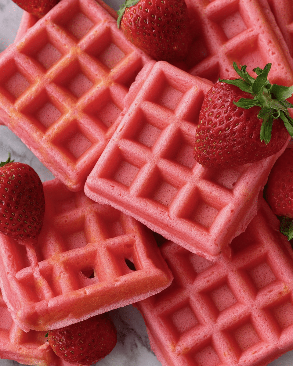 A close-up view of several bright pink waffles stacked in a slightly messy pile, each waffle showing a grid pattern with deep squares and a soft, spongy texture; scattered among the waffles are fresh, whole strawberries with vibrant red skin and green leafy tops, adding a natural, juicy contrast to the pink waffles; all items rest on a white marbled surface with a soft pink cloth partially visible underneath, creating a warm and inviting scene. photo taken with an iphone --ar 4:5 --v 7
