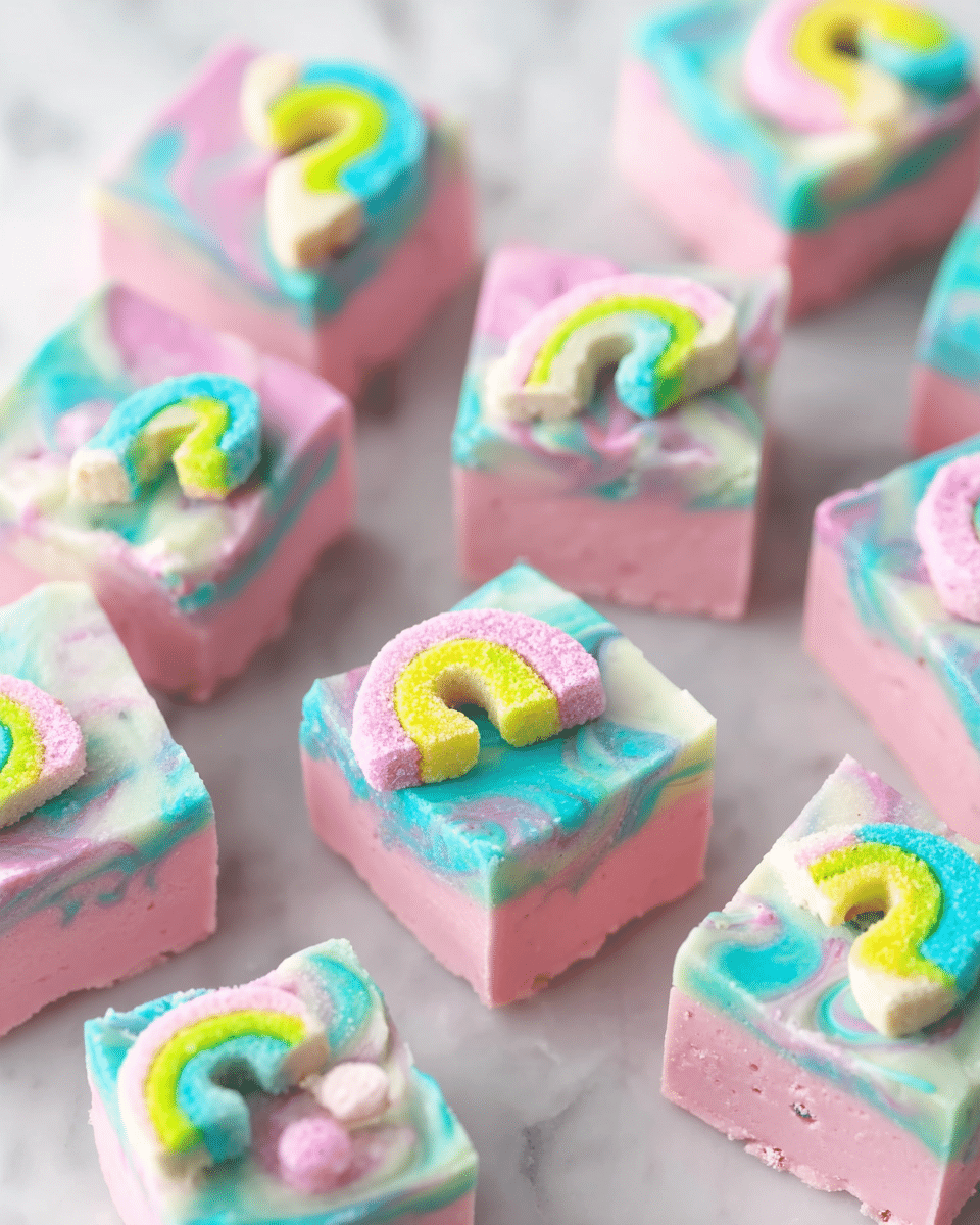 The image shows small square fudge pieces arranged on a white marbled surface. Each piece has two clear layers: a pink lower half and a smooth turquoise upper half, creating a neat color contrast. On the top of each square are small rainbow-shaped candy pieces with mixed pastel colors, including yellow, green, blue, pink, and white, giving a playful and sweet look. The fudge squares appear soft and creamy, with clean edges and a glossy finish on the top layer. photo taken with an iphone --ar 4:5 --v 7