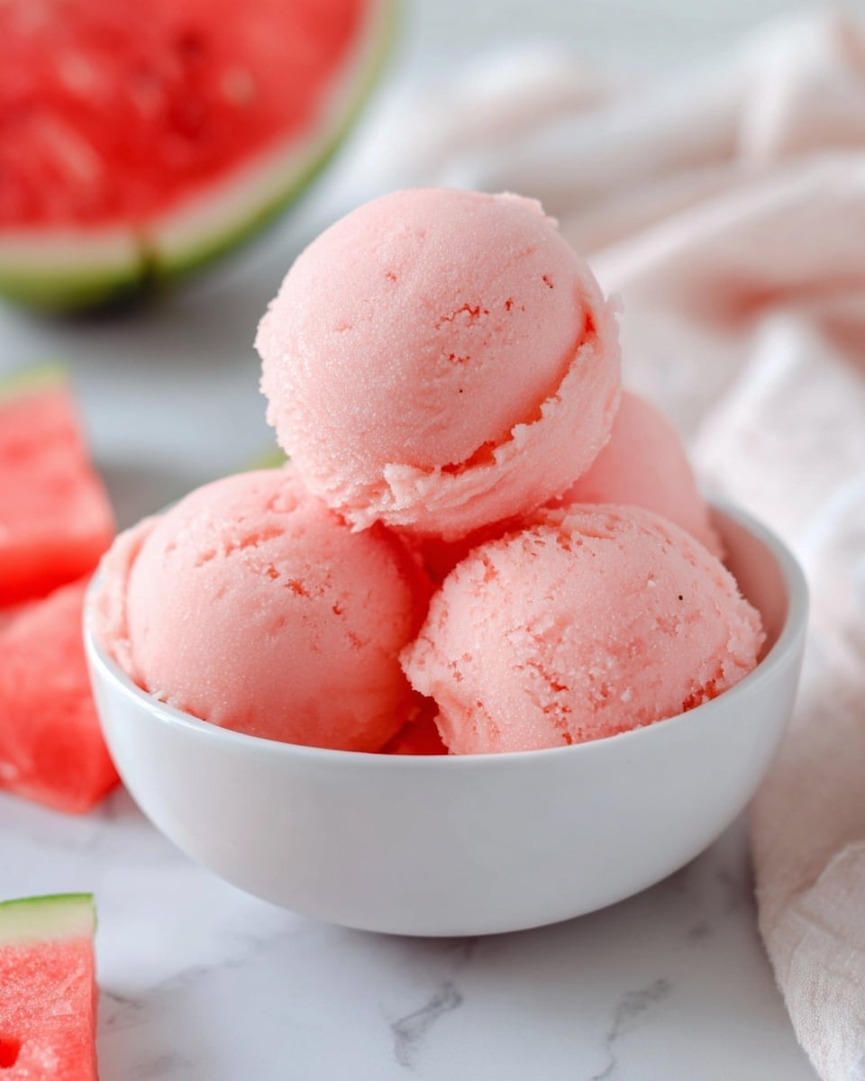 Four smooth pink scoops of watermelon sorbet sit stacked in a small white bowl with a dotted edge, placed on a white marbled surface. The sorbet has a soft, slightly frosty texture with subtle indentations and a fresh look. In the blurred background, there are pieces of watermelon and a container with more sorbet, adding a hint of red and green. The composition is bright and clean, focusing on the vibrant pink sorbet and simple white bowl. photo taken with an iphone --ar 4:5 --v 7