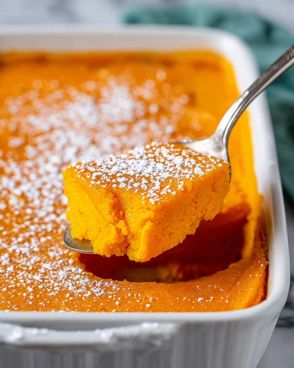 The image shows a bright orange, soft, and fluffy sweet potato dish in a white rectangular baking dish. The top layer is smooth with a light sprinkle of white powdered sugar, while a spoon is lifting a portion, revealing the moist and tender texture inside. The spoon holds a thick scoop, highlighting the vibrant color and light crumbly texture of the dish. The dish sits on a white marbled surface with a striped cloth partially visible in the background. photo taken with an iphone --ar 4:5 --v 7