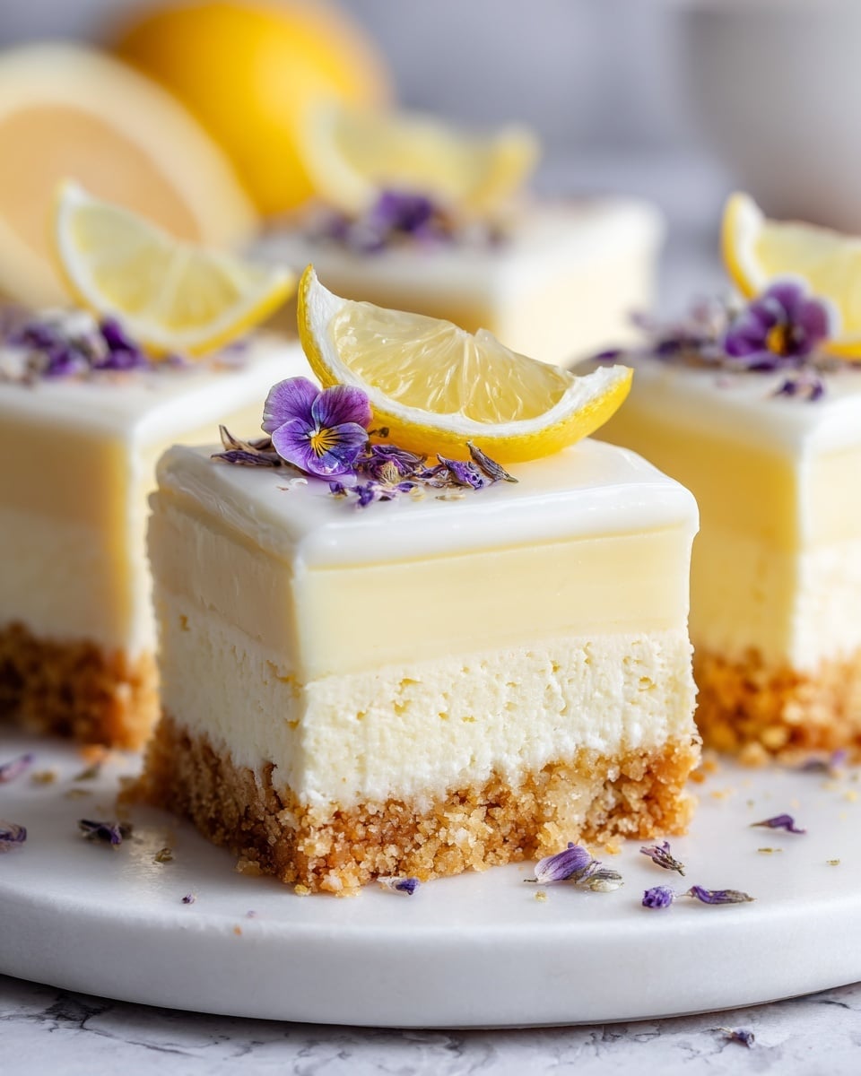 The image shows round lemon tarts on a white plate placed on a white marbled surface. Each tart has three clear layers: a golden crumbly crust at the bottom, a thick creamy pale yellow filling in the middle, and a smooth white frosting layer on top. On top of each tart rests a thin round slice of lemon garnished with small purple lavender buds. The front tart has a bite taken out, revealing the layers clearly. photo taken with an iphone --ar 4:5 --v 7