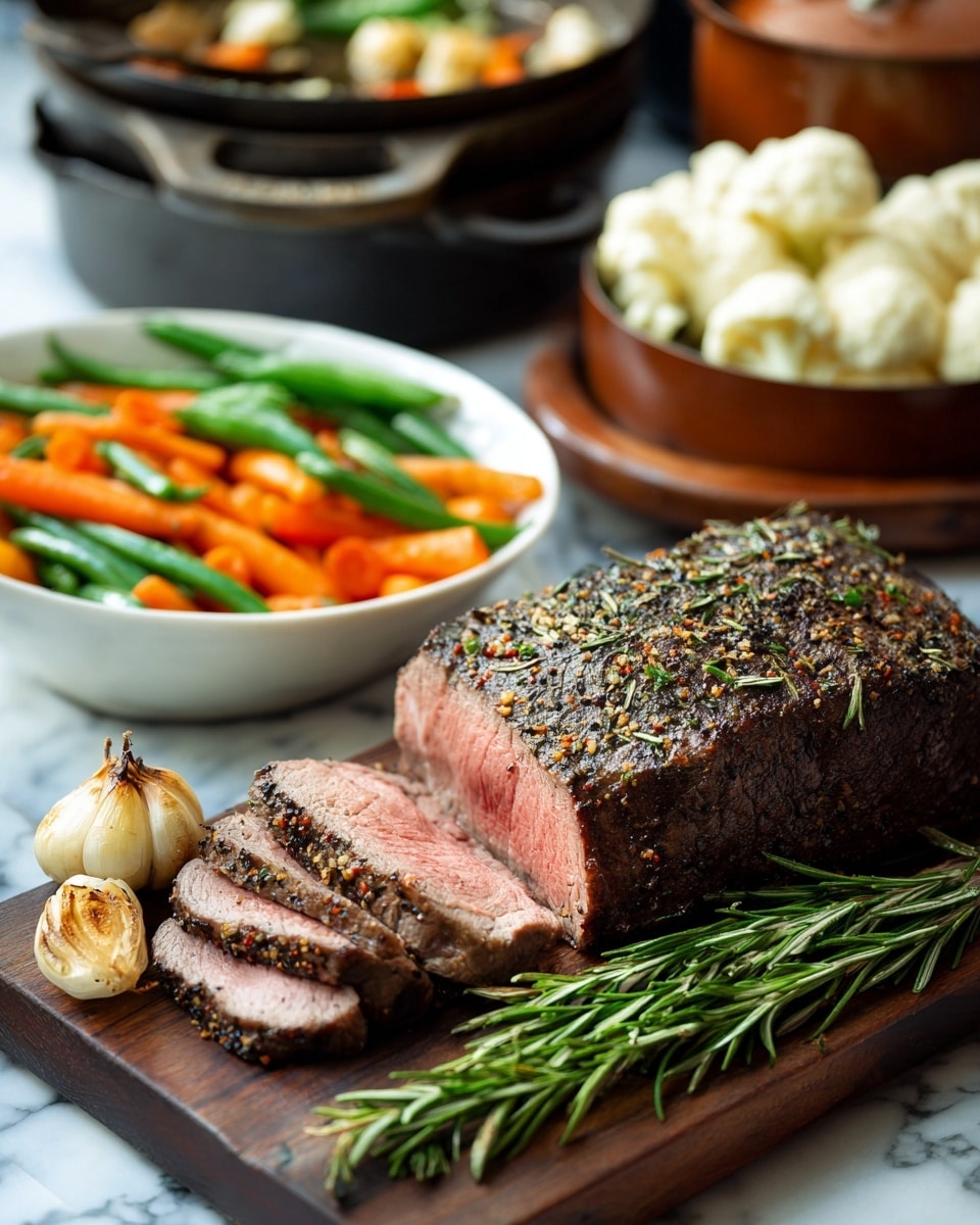 A wooden board holds a thick steak seasoned with black pepper and herbs, with a few slices cut to show a juicy pink inside; a sprig of fresh rosemary and roasted garlic cloves sit beside the steak, adding green and golden tones. Behind the board, a white bowl filled with bright mixed vegetables—orange carrots, green beans, and white cauliflower—offers a colorful contrast. The whole scene is set on a white marbled surface with a blurry background including cast iron pans and a brown pot. photo taken with an iphone --ar 4:5 --v 7